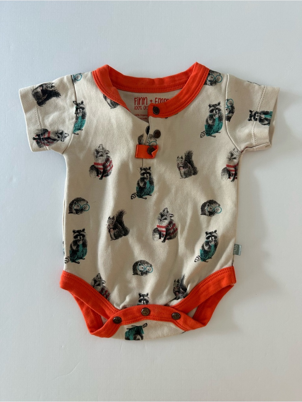 Finn & Emma Organic Cotton Baby Bodysuit With Woodland Animals 0-3 Months